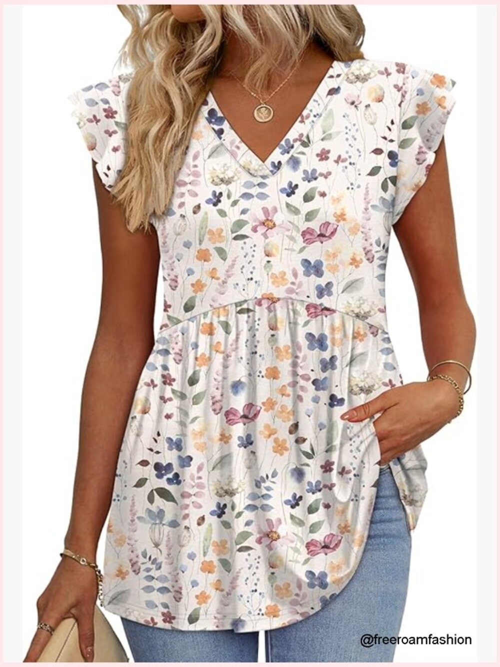 Flowy V-Neck Babydoll Top with Ruffle Sleeves, Loose Fit Polyester Blouse